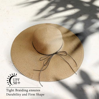 Beach Hats for Women, Straw Sun Hat Floppy Wide Brim, Foldable UPF 50+ UV Protection Summer Hat - color: Khaki