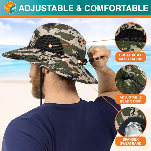 SUN CUBE Wide Brim Sun Hat for Men & Women, UPF 50+ UV Protection, Mesh Boonie Hat with Chin Strap, Fishing Hiking Hat - color: Camo Green