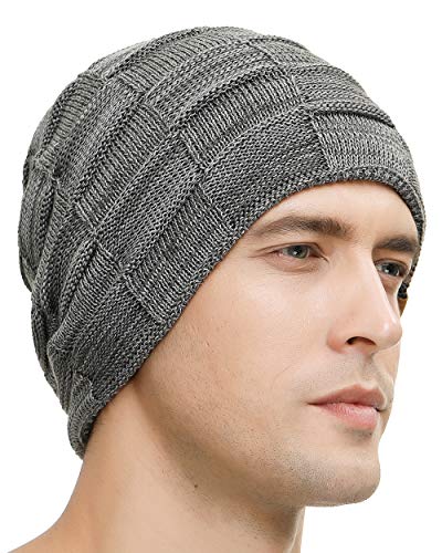 Vgogfly Slouchy Beanie for Men Winter Hats for Guys Cool Beanies Mens Lined Knit Warm Thick Skully Stocking Binie Hat Pairs - color: Dark Grey / Army