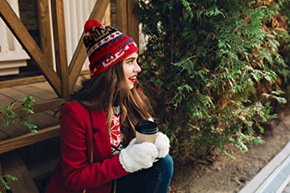 TINKUY Peru Alpaca Wool Winter Beanie, Handmade Bobble Hat, Unisex, One Size - color: Red