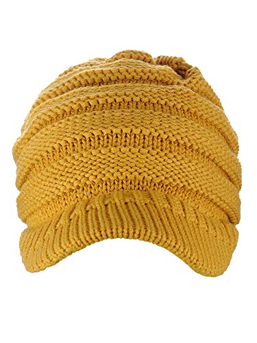 C.C Warm & Thick Cable Knitted Brim Visor Beanie Cap - color: Mustard
