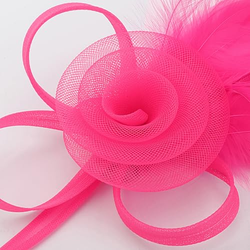DRESHOW Fascinators Hats for Women Tulle Feather Tea Party Fascinator Hats - color: Fuschia