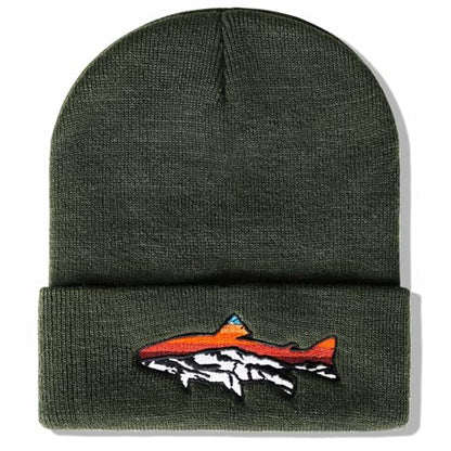 Knit Winter Beanie Hats for Men Women Cuffed Skull Cap with Mountain Embroidery Outdoor Christmas & New Year Gifts - color: Fish/Forest