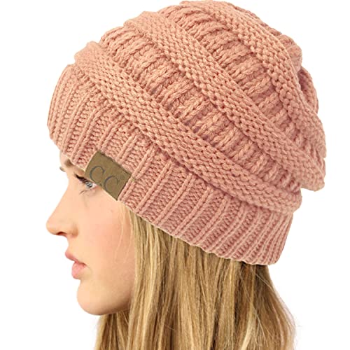 CC Classic Winter Fall Trendy Chunky Stretchy Cable Knit Beanie Hat - color: Solid Salmon Pink