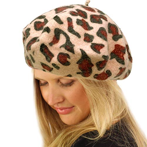 Classic Winter 100% Wool Warm French Art Basque Beret Tam Beanie Hat Cap - color: Leopard Pink