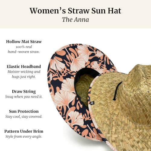 Women's Wide Brim Straw Sun Hat for Beach, Lifeguard Style, Hand-Woven Rush & Mat, Adjustable Chin Drawstring - color: The Anna