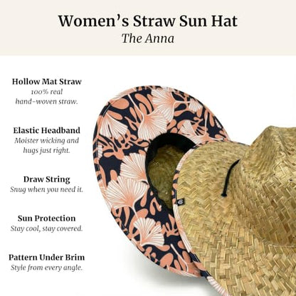 Women's Wide Brim Straw Sun Hat for Beach, Lifeguard Style, Hand-Woven Rush & Mat, Adjustable Chin Drawstring - color: The Anna