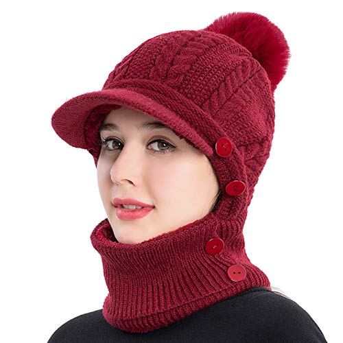 HUAMULAN Women Cable Knit Balaclavas Winter Fleece Lined Beanie Hat - color: Wine Red With Pompom