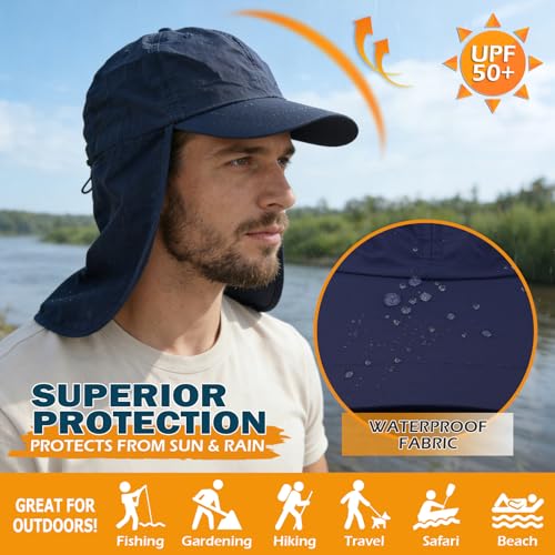Baseball Sun Cap with Neck Flap, UPF 50+ Waterproof Sun Hat for Men Women - color: Navy Blue