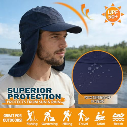 Baseball Sun Cap with Neck Flap, UPF 50+ Waterproof Sun Hat for Men Women - color: Navy Blue