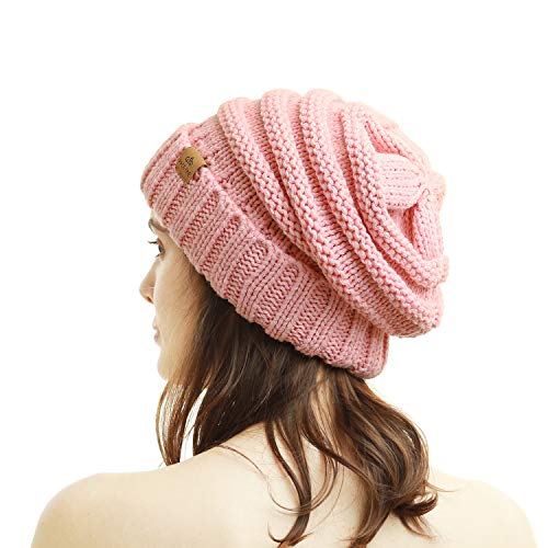Womens Winter Beanie Warm Knit Hat Cable Stretch Trendy Ribbed Chunky Cap - color: Pink