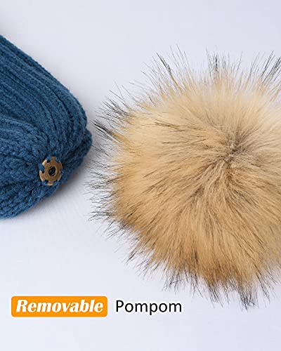FURTALK Womens Winter Beanie Hat Satin Lined Faux Fur Pom Pom Beanies Hat for Women Winter Warm Knit Hats - color: Blue