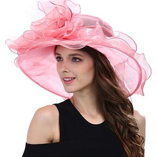 Janey&Rubbins Women's Feathers Floral Fascinating Wide Brim Lightweight Church Derby Hat - color: Pink