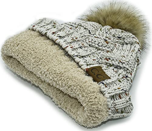 C.C Knit Beanie Hat – Fuzzy Fleece Lined Warm Winter Hat, Faux Fur Pom Soft Stretchy Slouchy Knit Cap, Cold Weather Beanie - color: Oatmeal