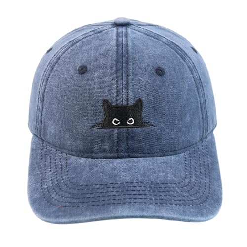 Peeking Black Cat Embroidered Washed Baseball Cap, Adjustable Vintage Dad Hat for Cat Lovers Unisex - color: Navy