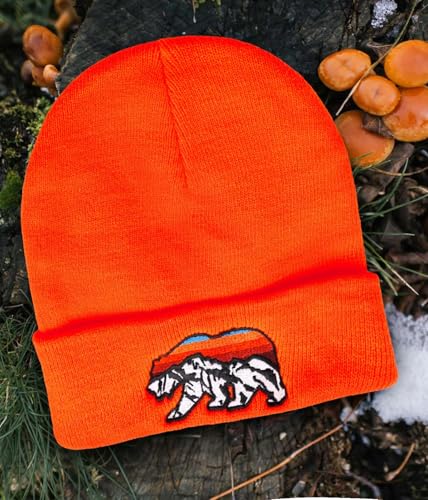 Knit Winter Beanie Hats for Men Women Cuffed Skull Cap with Mountain Embroidery Outdoor Christmas & New Year Gifts - color: Bear/Orange