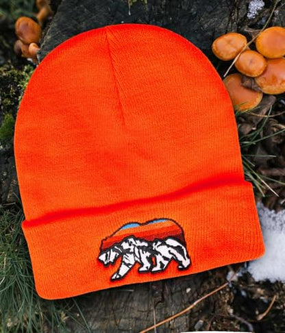 Knit Winter Beanie Hats for Men Women Cuffed Skull Cap with Mountain Embroidery Outdoor Christmas & New Year Gifts - color: Bear/Orange
