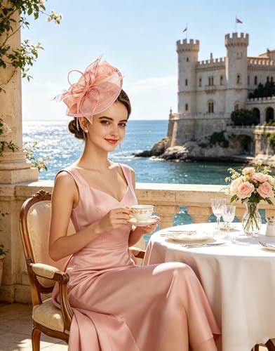 Z&X Sinamay Fascinator Hat Floral Feather Pillbox Derby Hats for Women Wedding Tea Party with Headband Clip - color: 016 Peach Pink