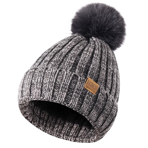 REDESS Womens Winter Knitted Beanie Hat Warm Fleece Lined with Pompom Cap Thick Slouchy Snow Knit Skull Ski Cap - color: Dark&light Grey