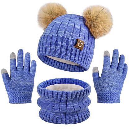 Kids Winter Hat Gloves Scarf Set Girls, Children Beanies Hats with Pom Pom - color: Sapphire Blue Mix