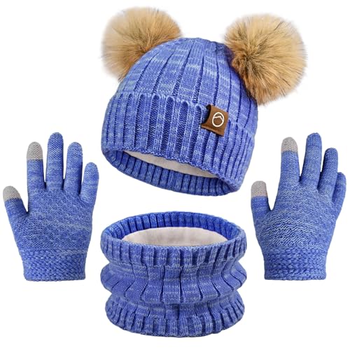 Kids Winter Hat Gloves Scarf Set Girls, Children Beanies Hats with Pom Pom - color: Sapphire Blue Mix