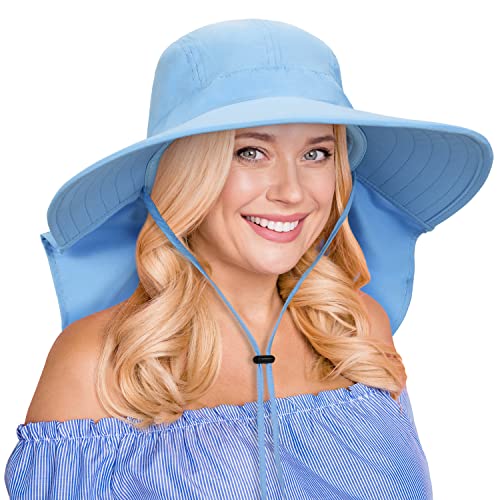 Tirrina Women's Sun Hat Wide Brim, UV Protection Sun Hats for Women - color: Blue W/ Floral Ribbon
