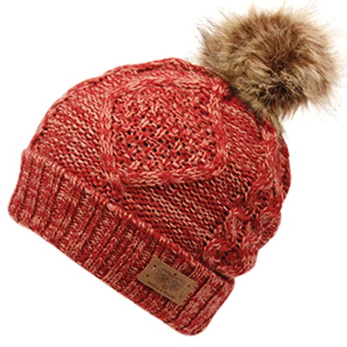 Women's Winter Fleece Lined Cable Knitted Pom Pom Beanie Hat - color: Multi Burgundy