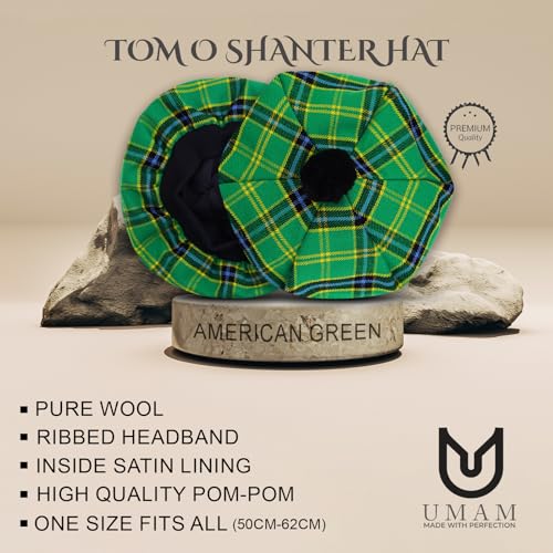 Scottish Tam O’ Shanter Hat Tartan Bonnet Pom Pom Wool Flat Cap One Size - color: American Green 029tcp