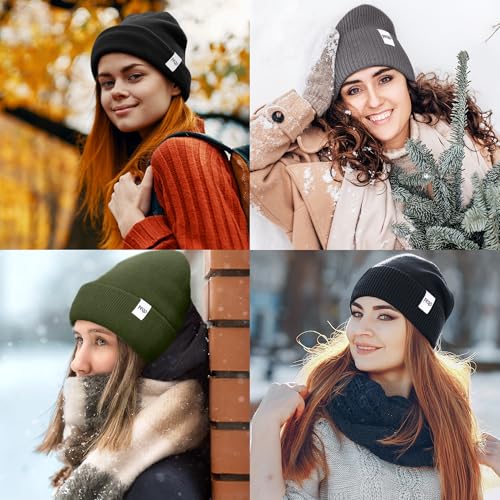 FEQO 4 Pack Satin Lined Winter Beanie Hats Soft Silk Lined Beanies - color: Black, Dark Grey, Pine Green, Beige