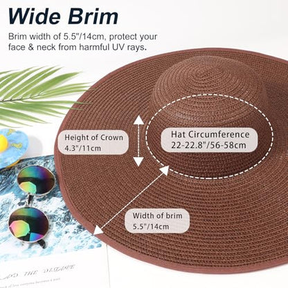DRESHOW Big Straw Sun Hats for Women Floppy Foldable Roll up Beach Cap Sun Hat UPF 50+ Vacation Honeymoon Embroidered Hat - color: 1 Pack Medium Size: Coffee Brown (Head Circumference 22-22.8")