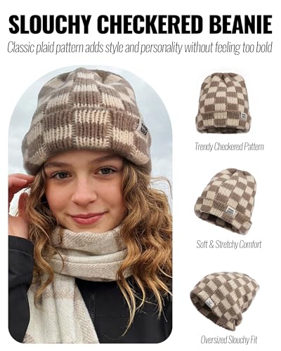 CLAPE Womens Cute Slouchy Beanies Hats, Winter Warm Chunky Checkered Beanie Large Cuff Knitted Hat Ski Cap for Cold Weather - color: Kh56-cream Color