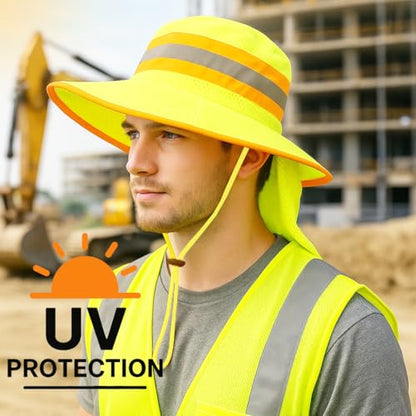 Men High Visibility Reflective Work Safety Sun Hat with Neck Flap Wide Brim Boonie UV Protection - color: 2pcs (Orange+lime)