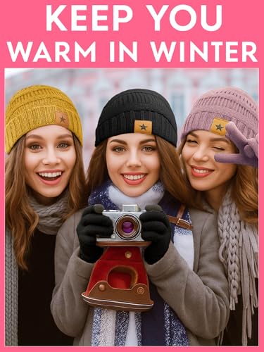 JaGely 8 Pieces Women Winter Hats and Gloves Set Women Warm Touchscreen Knitted Lined Gloves Winter Beanies - color: Black,turmeric,medium Pink,blove