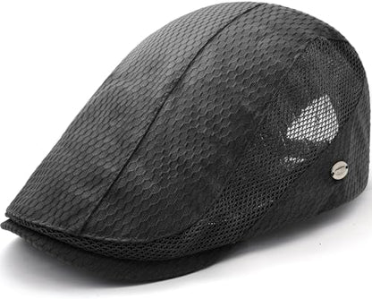 Mesh Cap Breathable Summer Newsboy Hat Adjustable Beret Ivy Cap Irish Cabbie Driving Fishing Hats - color: Black