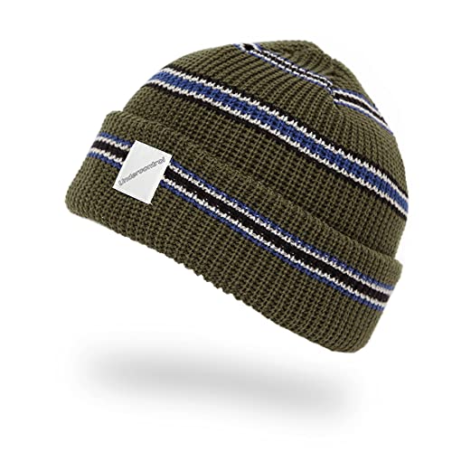 UNDERCONTROL Logo Label Patch Unisex Fall Winter Short Thick Cuffed Rollup Warm Beanie Korea Trawler Fisherman Knit Skull Hat - color: Horizon Khaki
