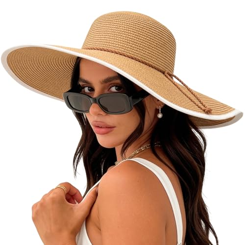 DRESHOW Big Straw Sun Hats for Women Floppy Foldable Roll up Beach Cap Sun Hat UPF 50+ Vacation Honeymoon Embroidered Hat - color: A Khaki 5.9" Brim