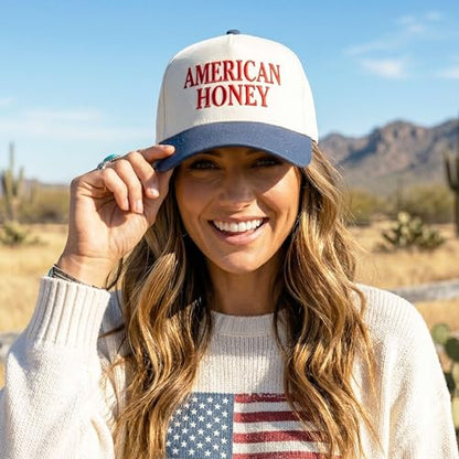 D&Y Retro 2-Tone Canvas Baseball Cap for Women - Funny Embroidered Distressed Snapback, Adjustable Cotton Dad Hat - color: American Honey-navy
