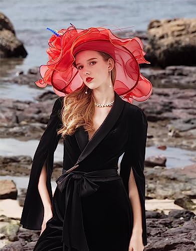 Z&X Women Organza Church Derby Hat Wide Brim Sun Hats for Wedding Tea Party Fascinator Hat, Dual-use - color: 1901- Red