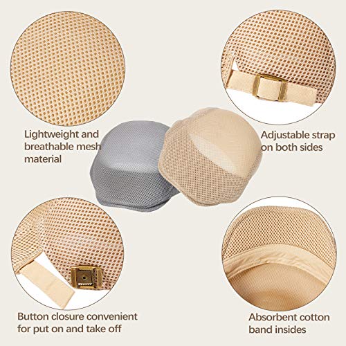 Geyoga 3 Pcs Mesh Newsboy Cap, Adjustable Mesh Cap - color: Beige, Light Gray, Black