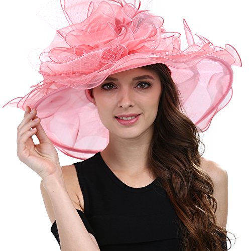 Janey&Rubbins Women's Feathers Floral Fascinating Wide Brim Lightweight Church Derby Hat - color: Pink