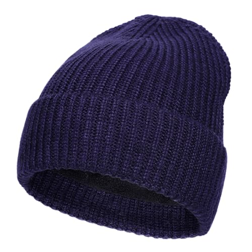 M/L/XL/XXL Merino Wool Beanie for Men & Women, Oversize Fleece Lined Warm Winter Double Layered Stylish Knit Cuffed Ski Hat - color: Navy Blue, size: X-Large-XX-Large