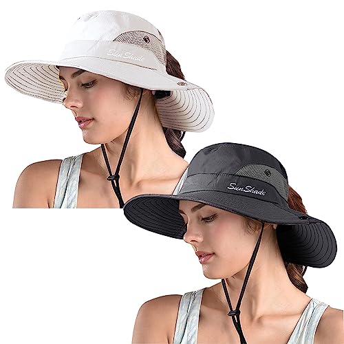 ZOORON Women's Ponytail Safari Sun Hat,Wide Brim UV Protection Bucket Hat - color: 2-grey+purebeige