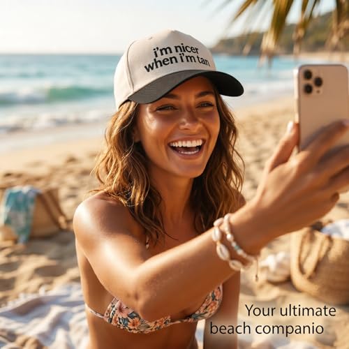 Funny Trucker Hat for Women - I'm Nicer When I'm Tan Embroidered Baseball Cap - Adjustable Summer Sun Hat for Beach - color: Red