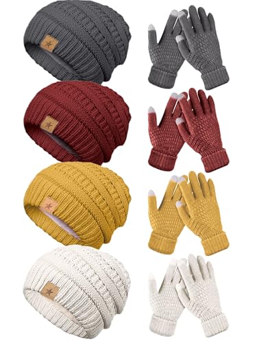JaGely 8 Pieces Women Winter Hats and Gloves Set Women Warm Touchscreen Knitted Lined Gloves Winter Beanies - color: Grey, Turmeric, White, Maroon