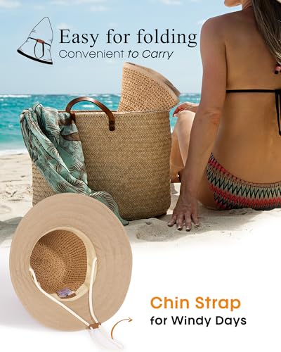 FURTALK Womens Hand-Woven Straw Sun Hat UPF 50+ Packable Summer Wide Brim Beach Linen Lining Bucket Hat with Chin Strap - color: Khaki