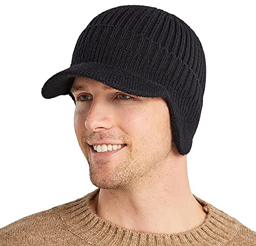 Men Earflap Beanie Knitted Lined Skullies Baseball Cap Windproof Neck Warmer - color: Black
