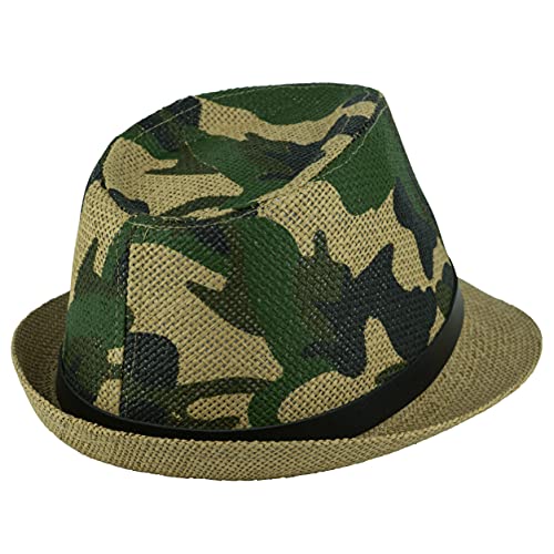 Gelante Summer Fedora Panama Straw Hats with Black Band - color: Tan Camo, size: Small-Medium