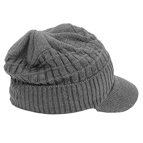 Original One Winter Wool Knitted Chunky Visor Beanie Hat with Brim Fur Lined Peaked Ski Cap - color: Gray