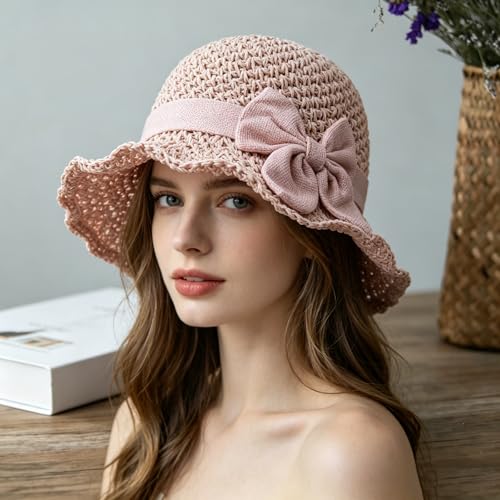 Beach Straw Sun Hat for Women French Foldable Summer Beach Wide Brim Hat Travel Straw Fedora Hat - color: Pink