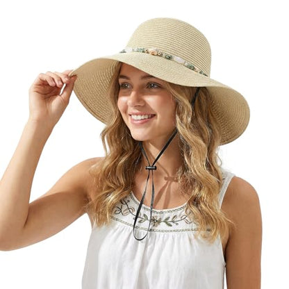 Womens Straw Sun Hat Wide Brim Summer Beach Hat with Beaded Trim Summer Foldable Floppy Hat for Travel Vacation UV Protection - color: Beige